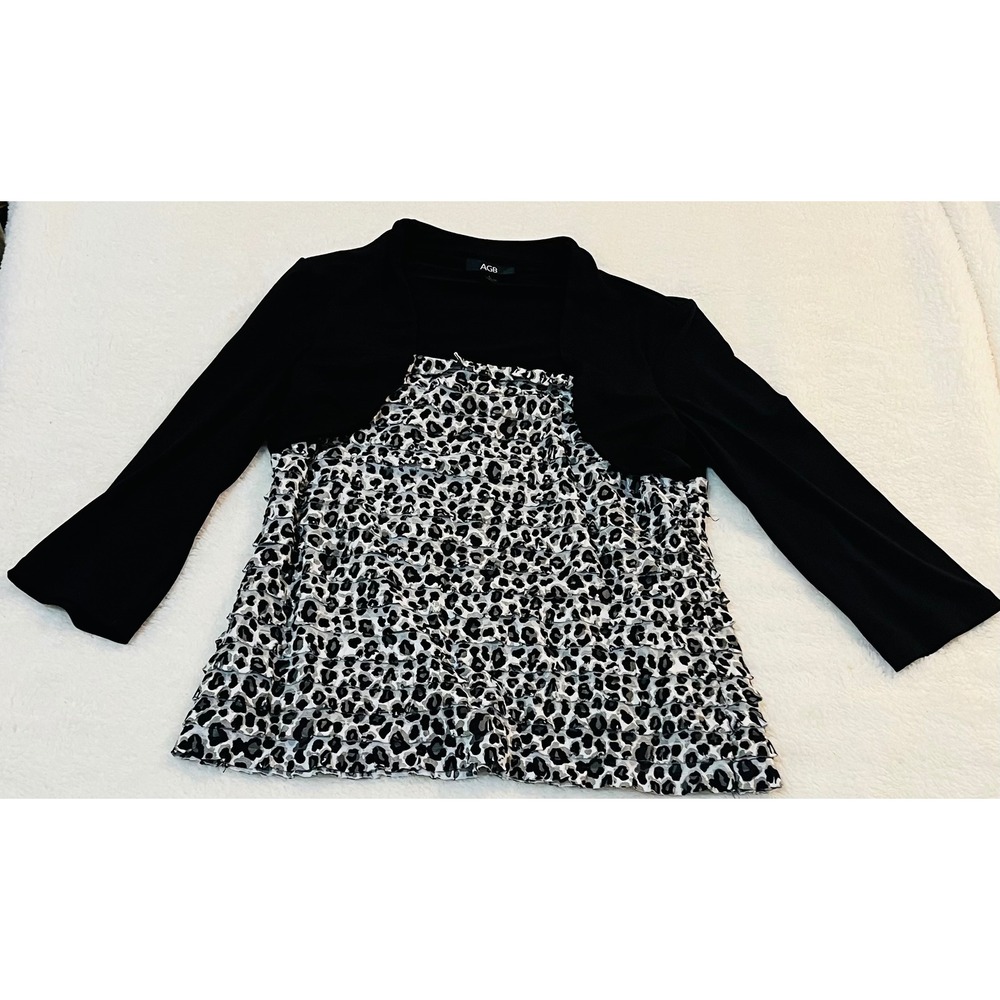 AGB Womens Leopard Print Tiered Ruffle Top Black Shrug Layered Look Size L